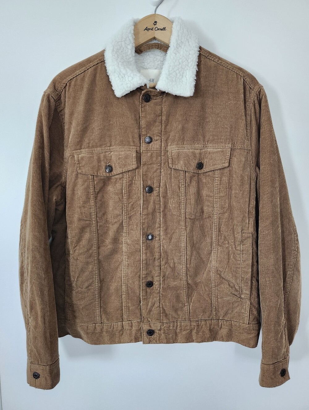 H&M Tan Brown Corduroy Sherpa Lined Trucker Jacket Mens Size Large | Gorpcore